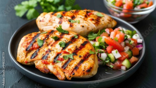 Juicy grilled chicken breast served with a side of fresh tomato, cucumber, and onion salsa, garnished with cilantro.