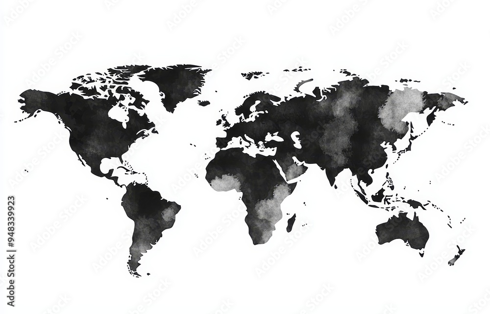 Naklejka premium The world map is illustrated with black watercolors against an isolated background.