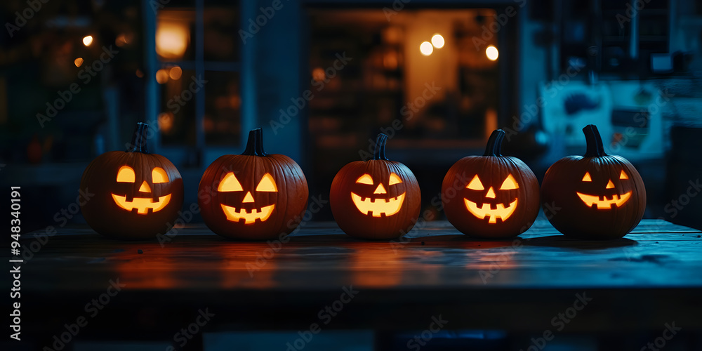 Fototapeta premium Halloween orange raw pumpkins Jack O Lantern with evil face on rustic wooden table with lights and bokeh.