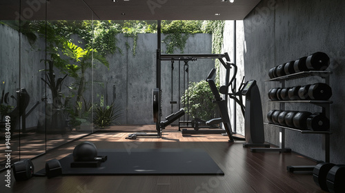 Luxurious Home Gym Interior with Modern Fitness Equipment.