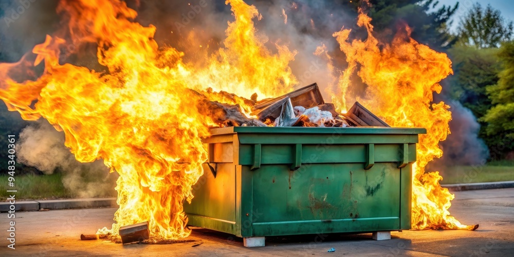 Obraz premium A chaotic and out-of-control dumpster fire , disaster, hot mess, chaos, flames, fiery, garbage, overwhelmed, crisis