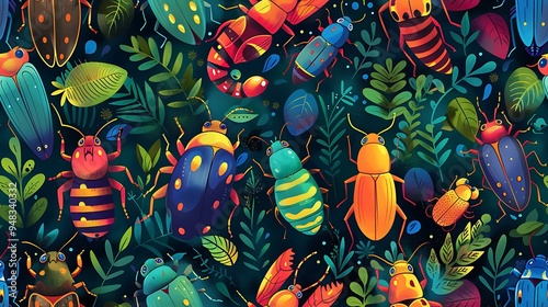 A seamless cartoon pattern of colorful creepy crawlers like centipedes and beetles, mixed with spiders, crawling across a forest floor filled with tiny leaves and pebbles, photo