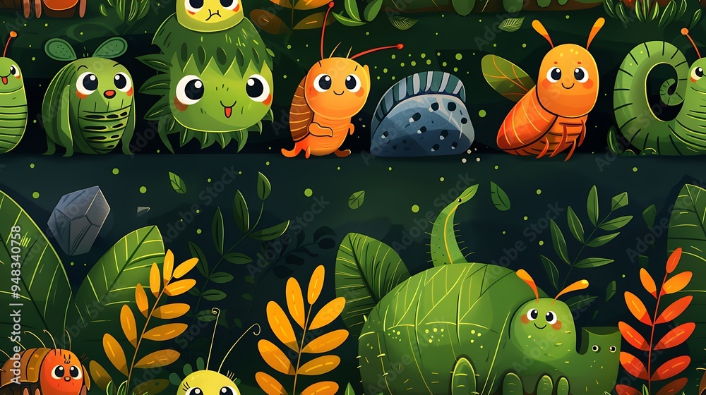Fototapeta premium A seamless cartoon pattern of creepy-crawly insects like centipedes, beetles, and spiders with big eyes and smiling faces, surrounded by tiny leaves and rocks, on a deep green background.