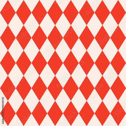 Seamless abstract geometric pattern of red diamonds in a row on a light background, harlequin motifs, flat style