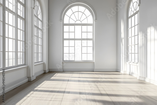 Empty High Ceiling Room with White Big Windows, Wooden Floor and White Walls interior design mock up