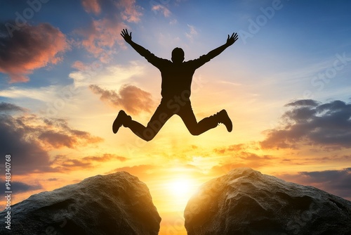 Wallpaper Mural The courage of a man jumping over a cliff against a sunset background, a concept idea for business Torontodigital.ca