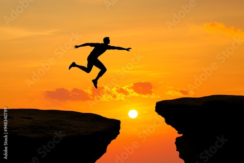 In the background of a sunset, a courageous man jumps over a cliff, an idea for a business concept