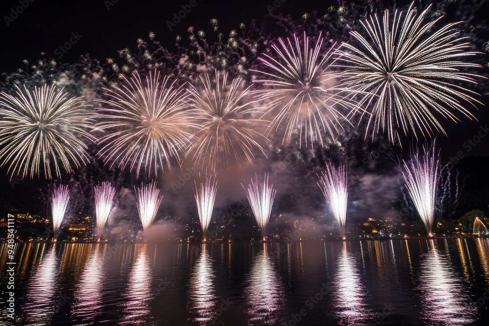 Fototapeta premium Black sky background with reflection of holiday fireworks above water
