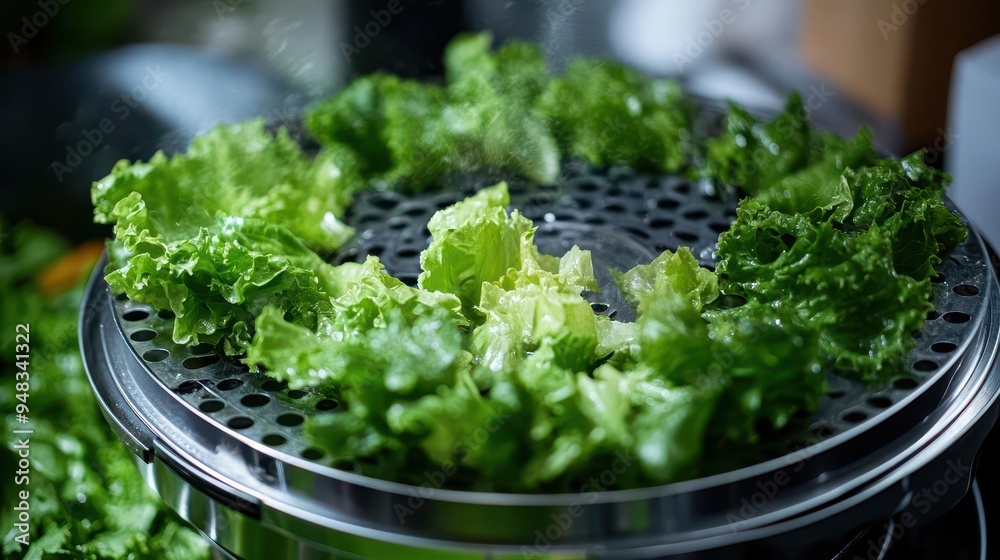 Salad spinner with greens spinning dry fresh lettuce Salad spinner with greens spinning dry fresh lettuce