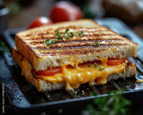 Sandwich press with a sandwich grilling with melted cheese