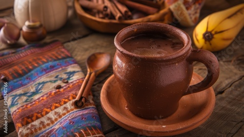 A clay mug of hot chocolate with cinnamon sticks and a colorful napkin on a wooden table.