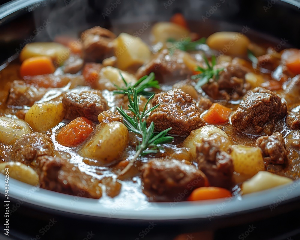 Slow cooker with stew simmering a warm, comforting dish Slow cooker with stew simmering a warm, comforting dish