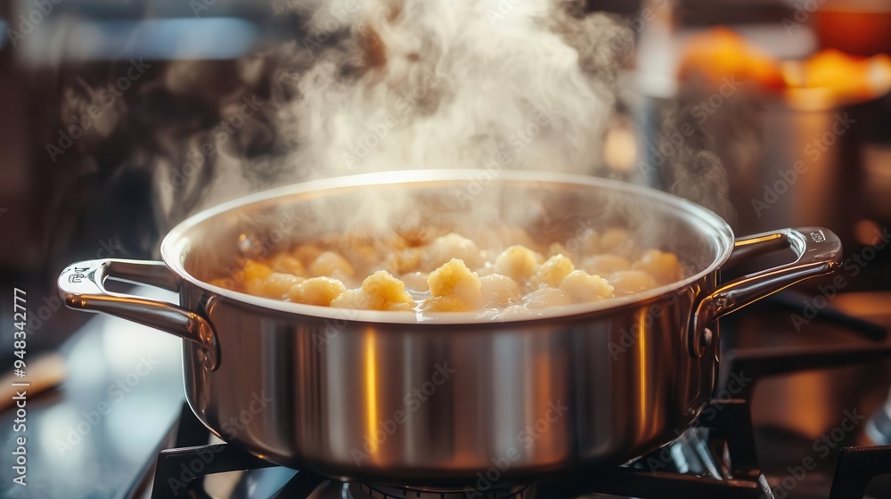 Soup pot with simmering soup on the stove, steam rising Soup pot with simmering soup on the stove, steam rising