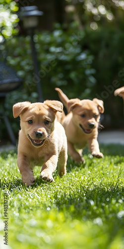 Playful puppies exploring a sunny backyard photo