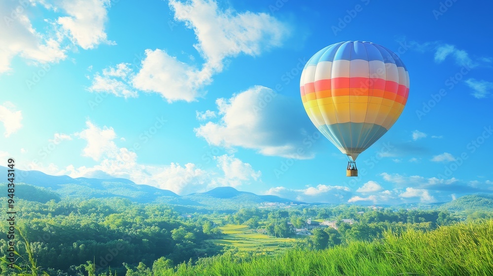 Obraz premium A vibrant hot air balloon soars through a clear blue sky, with fluffy white clouds and rolling green hills in the background, symbolizing freedom, adventure, exploration, hope, and new beginnings.