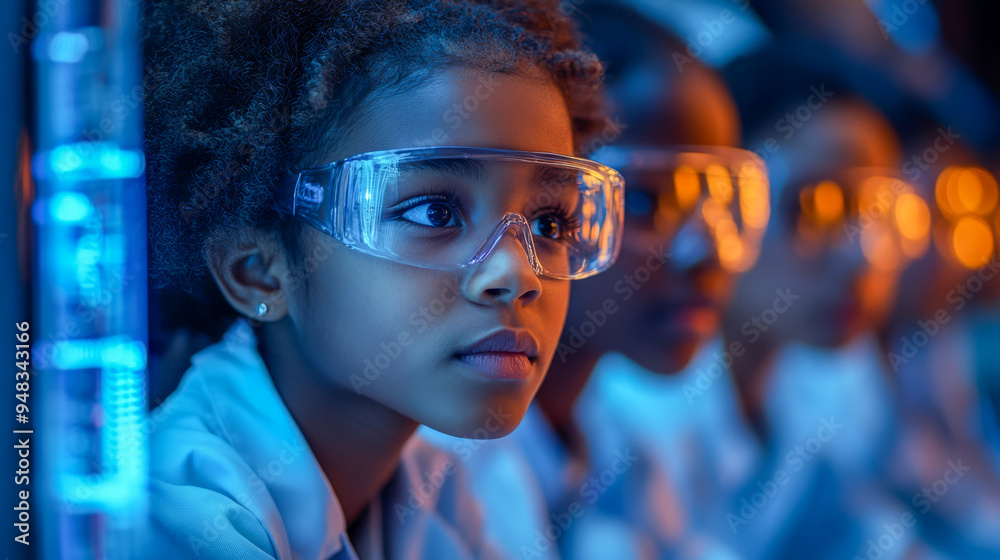 Group of children wearing protective goggles during a science experiment in a school lab. They are observing and learning in a controlled environment.. Group of children wearing protective goggles during a science experiment in a school lab. They are observing and learning in a controlled environment..