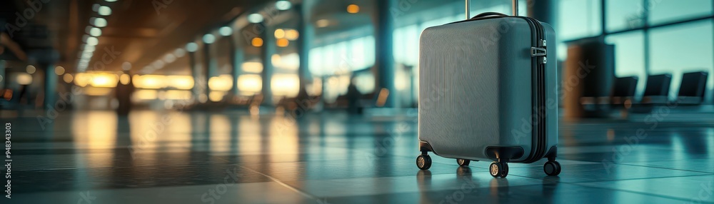 Suitcase with wheels and handle standing in an airport terminal Suitcase with wheels and handle standing in an airport terminal