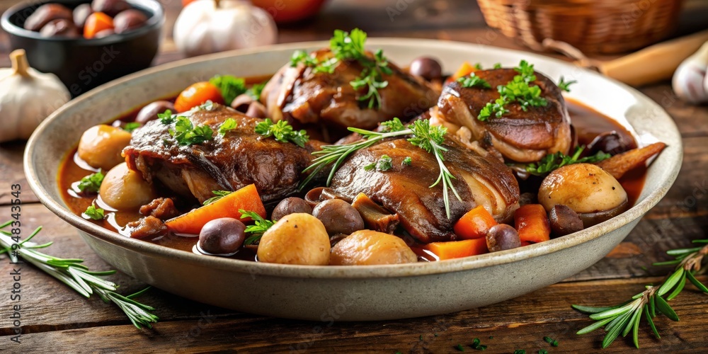 Close up of a rich and savory portion of coq au vin Close up of a rich and savory portion of coq au vin
