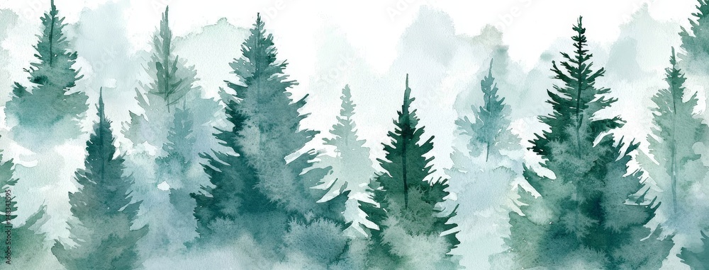 Obraz premium Landscape of fog over a foggy forest, on a snowy hill. Wild nature, frozen, misty, taiga. Watercolor background.