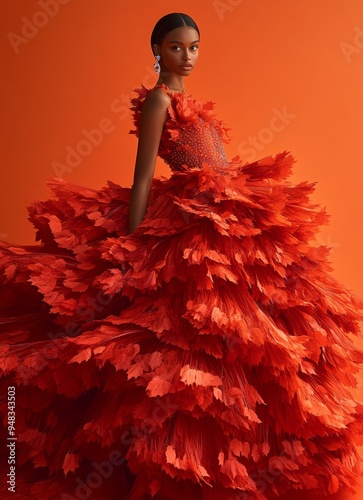 a girl is posing in a long orange dress made of autumn leaves, against orange background. Fall fashion style