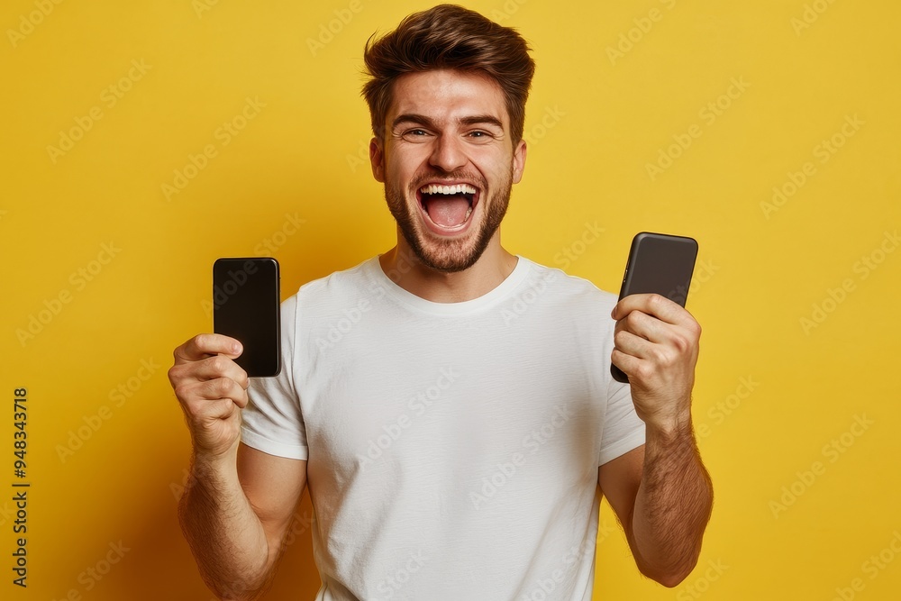 Mobile phone held by a smiling young man Mobile phone held by a smiling young man