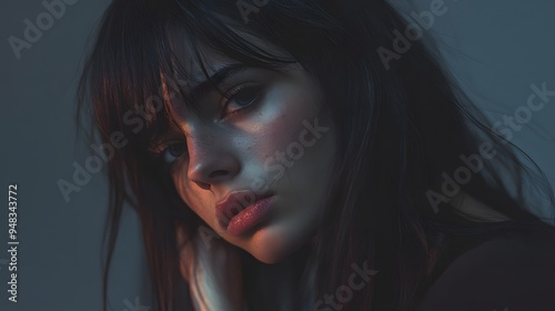 Close Up Portrait of a Young Woman with Long Brown Hair and Soft Lighting