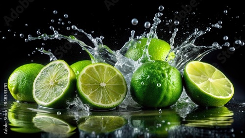 Green limes in splashes of water on a black background, green, limes, splashes, water, black background, freshness, citrus