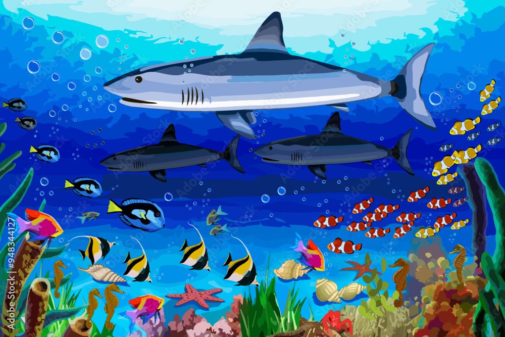 Obraz premium Flocks of colorful fish underwater.Vector illustration with bright fish and algae in the underwater world.