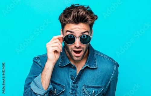 An attractive young man with sunglasses over an isolated background is surprised and shocked and has an expression of astonishment, fear and excitement on his face.