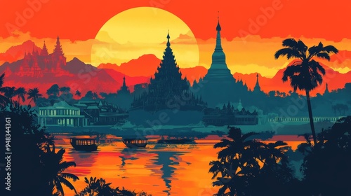 A vibrant sunset illuminates the silhouette of ancient temples and pagodas nestled amidst lush greenery. The golden rays of the setting sun reflect on the calm river, creating a serene and enchanting  photo