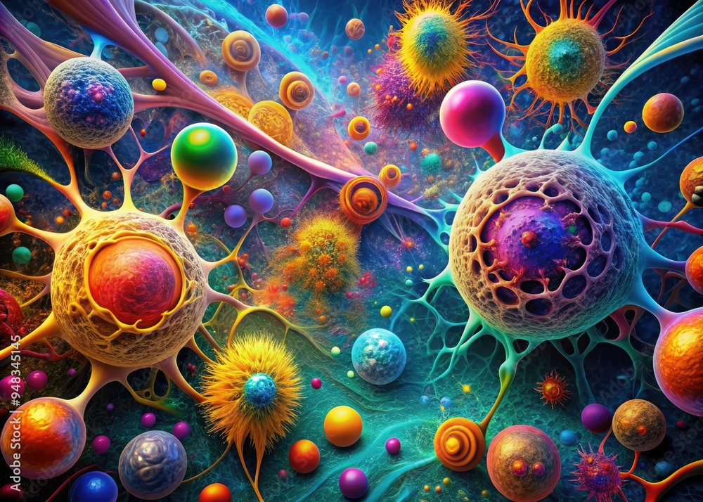 Biocellular Expressionism: Dynamic and expressive representation of cellular processes through bold colors and fluid lines. Biocellular Expressionism: Dynamic and expressive representation of cellular processes through bold colors and fluid lines.