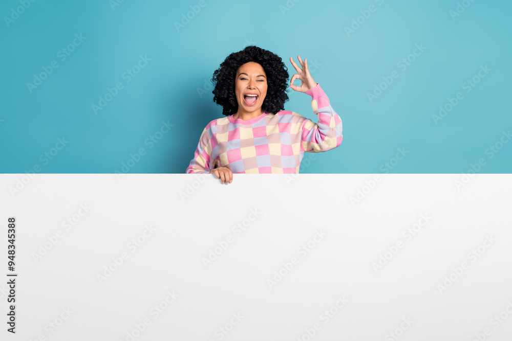 Photo portrait of pretty young girl okey wink white empty space wear trendy pink plaid outfit isolated on blue color background