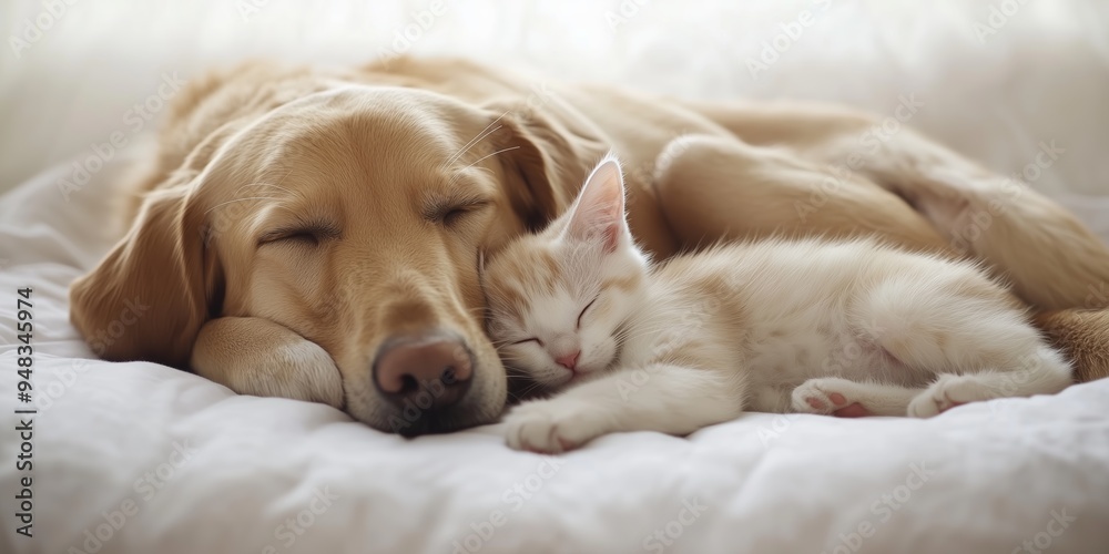 Adorable puppy and kitten sleeping in cozy harmony. Adorable puppy and kitten sleeping in cozy harmony.