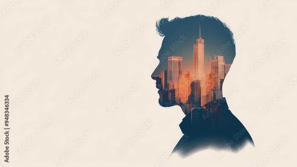 Abstract cityscape blending into a businessman's profile, symbolizing urban business growth