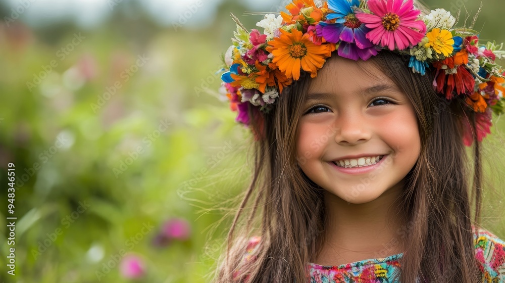A young girl with long brown hair smiles brightly while wearing a colorful flower crown. She is surrounded by a lush green field, symbolizing youth, beauty, innocence, nature, and joy. A young girl with long brown hair smiles brightly while wearing a colorful flower crown. She is surrounded by a lush green field, symbolizing youth, beauty, innocence, nature, and joy.