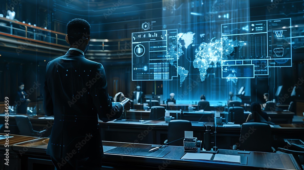 Futuristic lawyer demonstrating evidence in a high tech courtroom with digital jury and holographic displays showcasing modern legal proceedings and advanced legal technology Futuristic lawyer demonstrating evidence in a high tech courtroom with digital jury and holographic displays showcasing modern legal proceedings and advanced legal technology