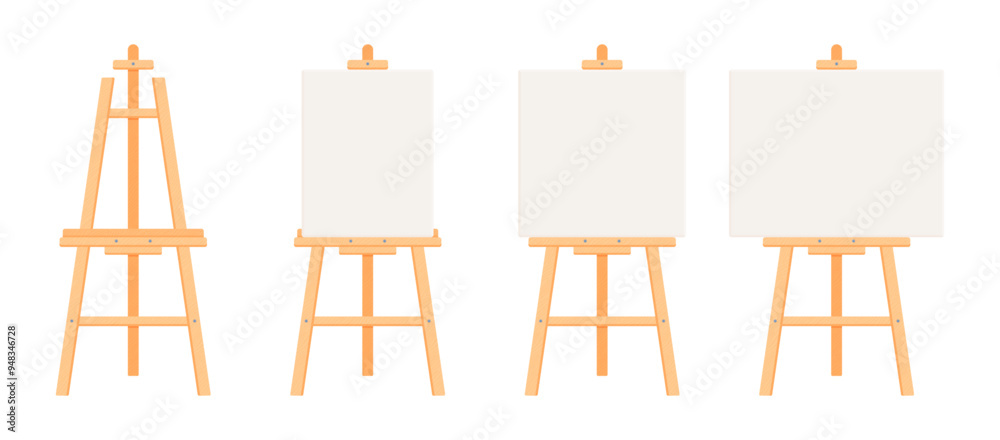 Set of wooden easels with blank canvases. Flat vector illustration isolated on white background. Art supplies and painting concept. Perfect for creative projects and educational materials