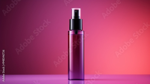 Purple spray bottle on pink and red gradient background. Sleek skincare, lipstick or perfume bottle. Ai generated image