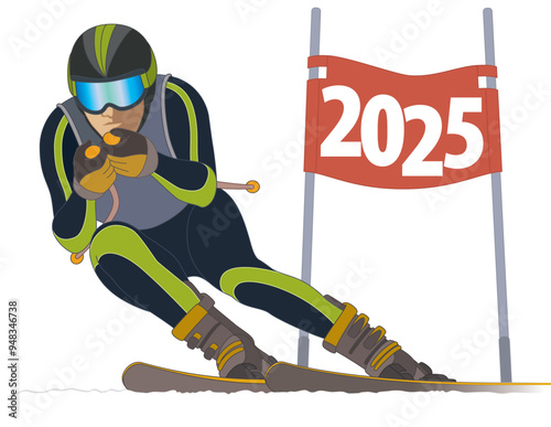 2025 happy new year concept of skier racing downhill passing red flag with the new year 2025 isolated on white