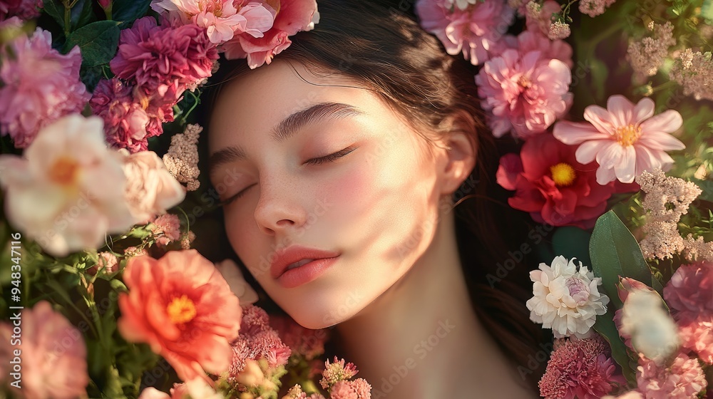A young woman with closed eyes lays peacefully amidst a vibrant bed of flowers, embodying serenity, beauty, and the harmonious connection between nature and human existence. A young woman with closed eyes lays peacefully amidst a vibrant bed of flowers, embodying serenity, beauty, and the harmonious connection between nature and human existence.
