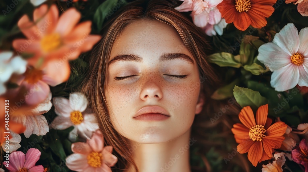 A young woman with closed eyes lies peacefully in a field of flowers, radiating serenity and tranquility. The vibrant blooms surrounding her symbolize nature's beauty, growth, and the delicate balance A young woman with closed eyes lies peacefully in a field of flowers, radiating serenity and tranquility. The vibrant blooms surrounding her symbolize nature's beauty, growth, and the delicate balance