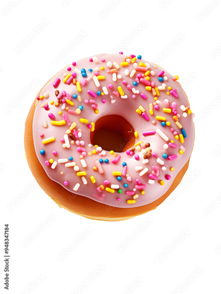 A pink frosted donut with sprinkles. A pink frosted donut with sprinkles.