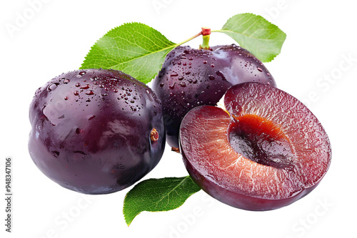 plums with leaves Isolated on a transparent background. photo