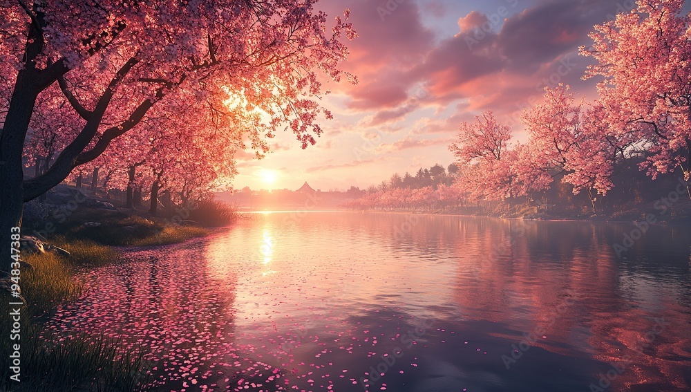 A serene cherry blossom landscape, with the sun setting over water reflecting pink petals and trees A serene cherry blossom landscape, with the sun setting over water reflecting pink petals and trees