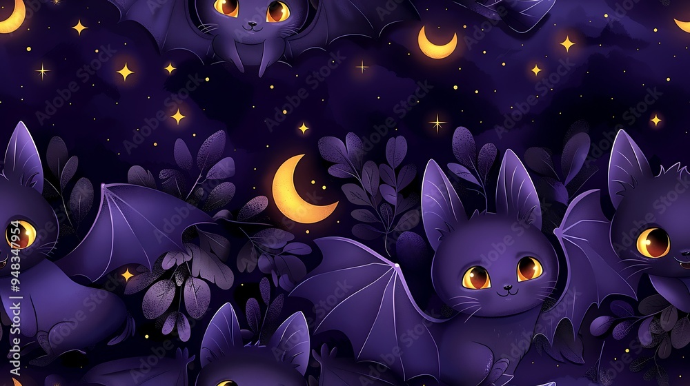Fototapeta premium A seamless cartoon pattern of smiling bats swooping through the air, with crescent moons and scattered stars creating a whimsical nighttime scene, on a deep purple background. --ar 16:9 --v 6.