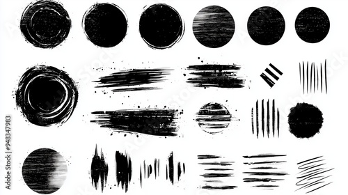 Abstract grunge vector design elements set featuring hand-drawn black ink circles and oval shapes with brush strokes on a white background. This versatile collection is ideal for web banners, posters,