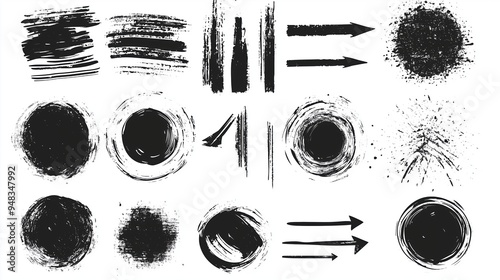 Abstract grunge vector design elements set featuring hand-drawn black ink circles and oval shapes with brush strokes on a white background. This versatile collection is ideal for web banners, posters,