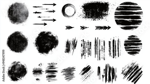 Abstract grunge vector design elements set featuring hand-drawn black ink circles and oval shapes with brush strokes on a white background. This versatile collection is ideal for web banners, posters,