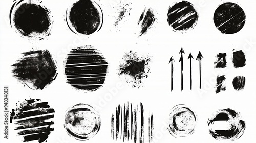 Abstract grunge vector design elements set featuring hand-drawn black ink circles and oval shapes with brush strokes on a white background. This versatile collection is ideal for web banners, posters,