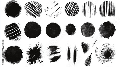 Abstract grunge vector design elements set featuring hand-drawn black ink circles and oval shapes with brush strokes on a white background. This versatile collection is ideal for web banners, posters,